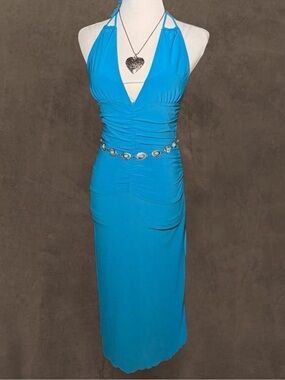 Lipstick Boutique Blue Backless Halter Ruched Midi Dress